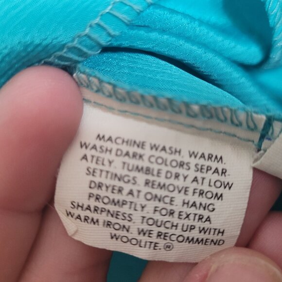 Vintage Polyester Blouse Turquoise Ruffle 70s Union Made Button Front Sz 38 Lrg - Picture 9 of 11